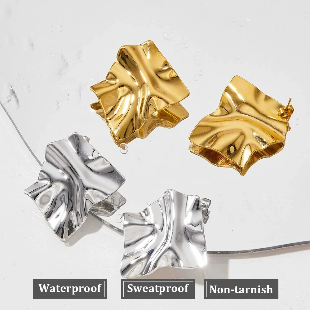 Wholesale Women's Asymmetrical Geometric Pleated Stainless Steel Earrings With Pvd Furnace Vacuum Real Gold Plating - Image 4