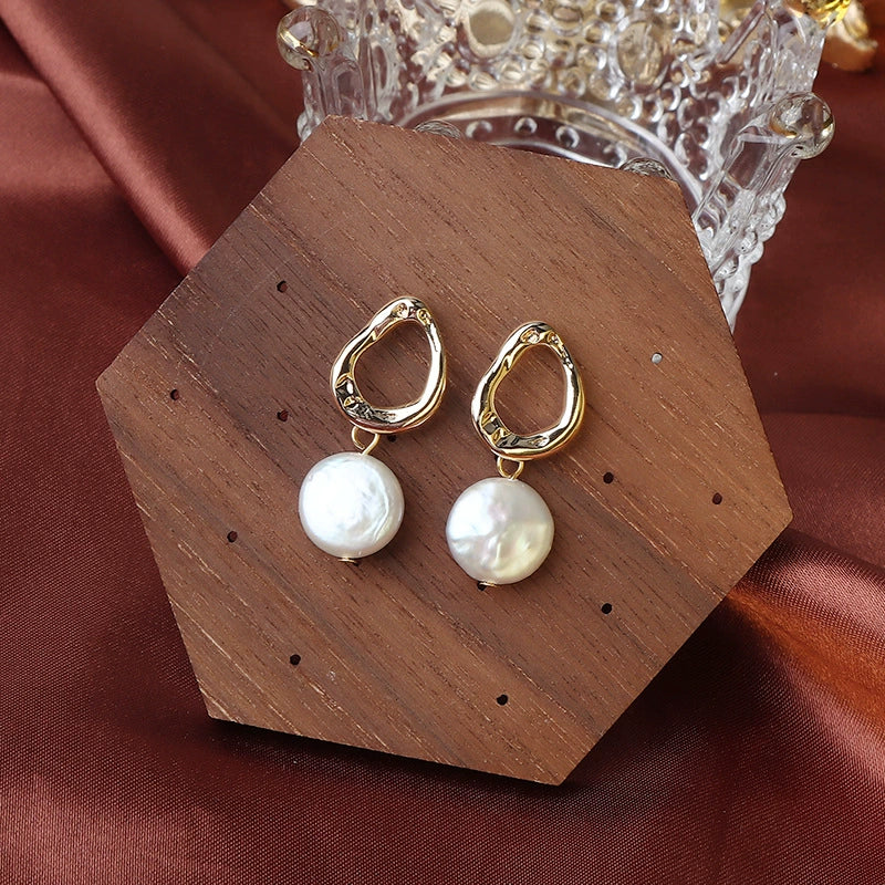 Wholesale Women's Baroque Button Earrings Natural Freshwater Pearl 925 Sterling Silver Needle Oblate Shape