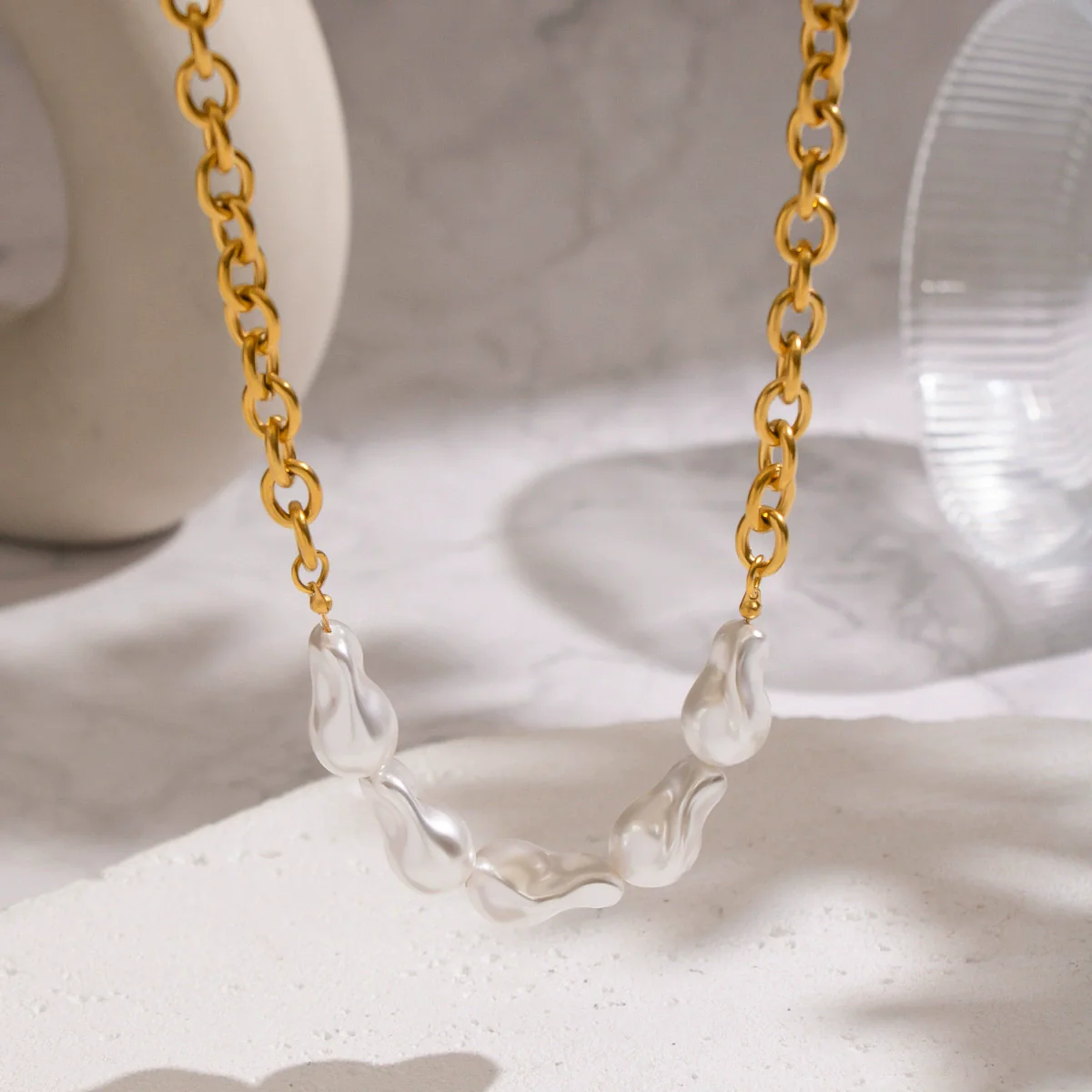 Wholesale Women's Baroque Pearl Necklace With Geometric Design 18K Real Gold Plated Stainless Steel Chain Light Luxury Minimalist Style