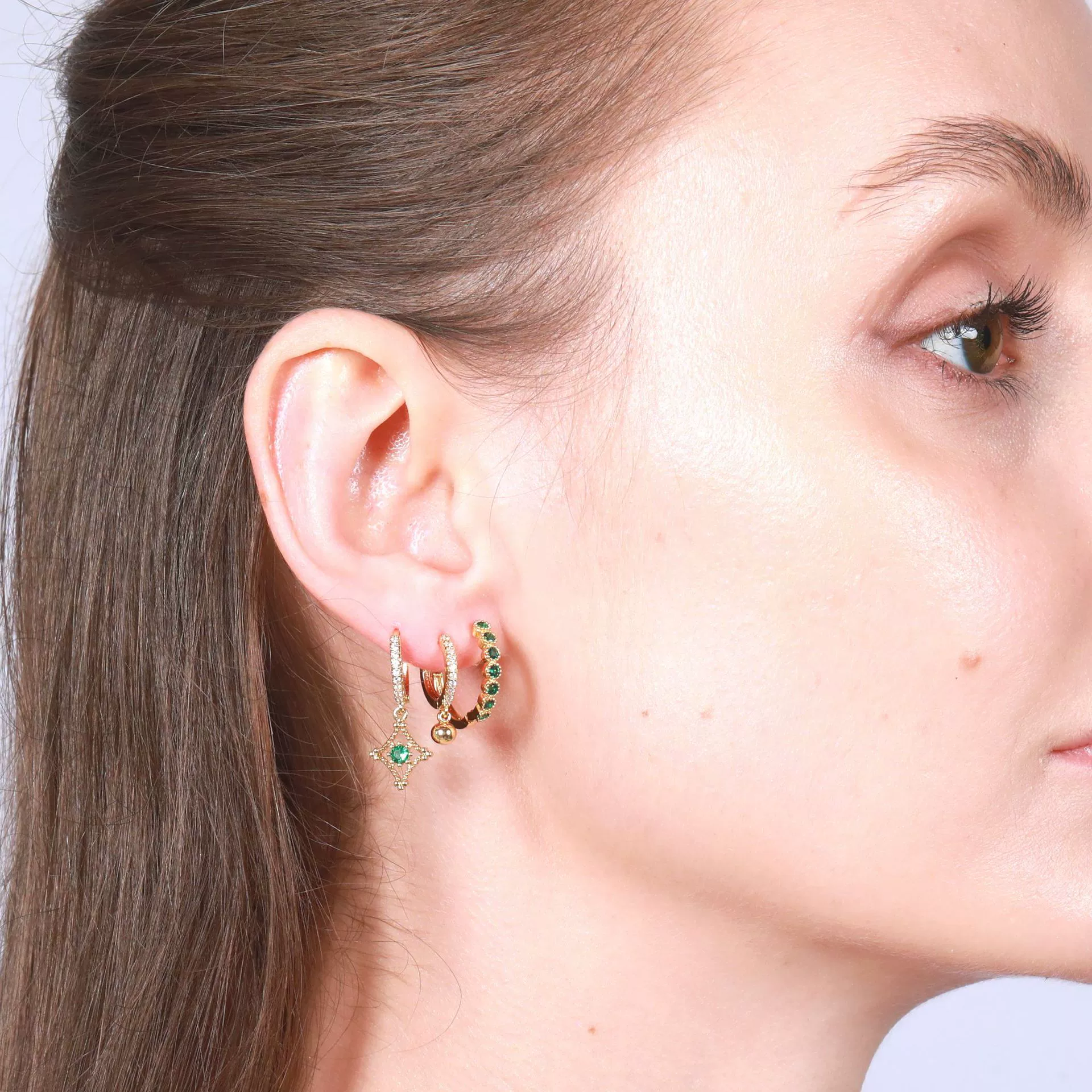 Wholesale Women's Brass Lace Green Zircon Geometric Earrings Gold Plated - Image 3