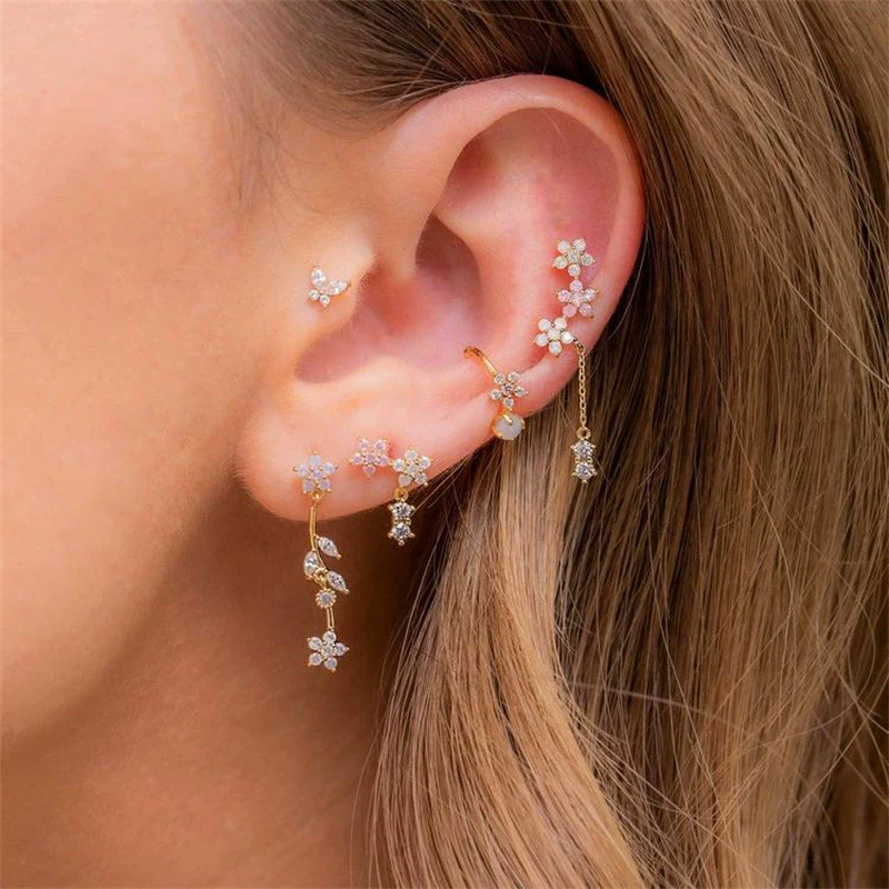 Wholesale Women's Brass Wicker Flower And Leaf Zircon Inlaid Earrings - Image 2