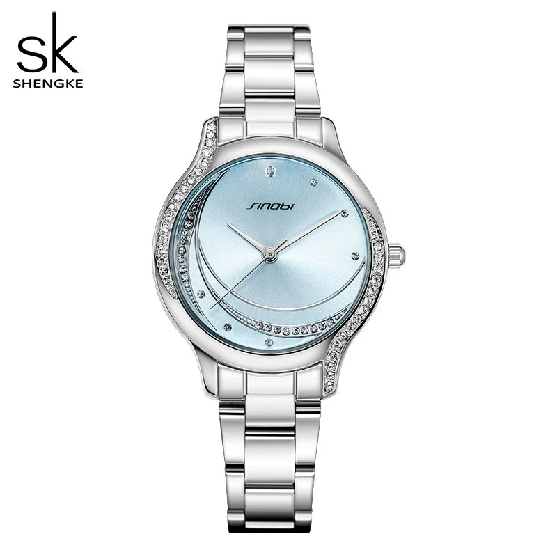 Wholesale Women's Business Style Alloy Band And Case Watch With Sun Pattern And Star And Moon Dial Mineral Strengthened Glass Mirror Bilateral Button Clasp Spiral Crown Round Dial - Image 2