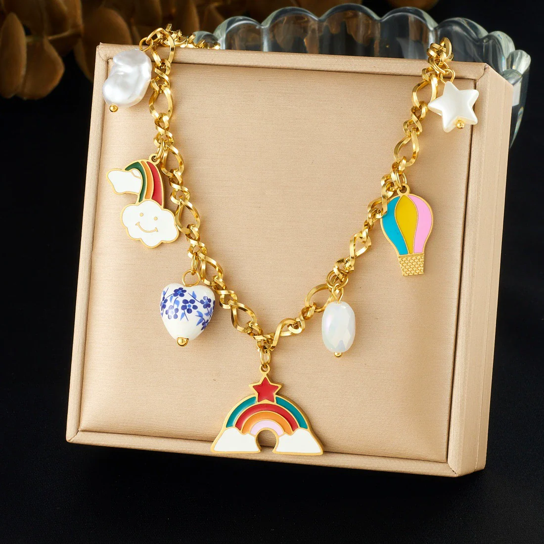 Wholesale Women's Cartoon Minimalist Stainless Steel Electroplated Jewelry Set With Heart Shape Pendant Featuring Stars Sun And Moon Clouds And Universe Patterns - Image 6