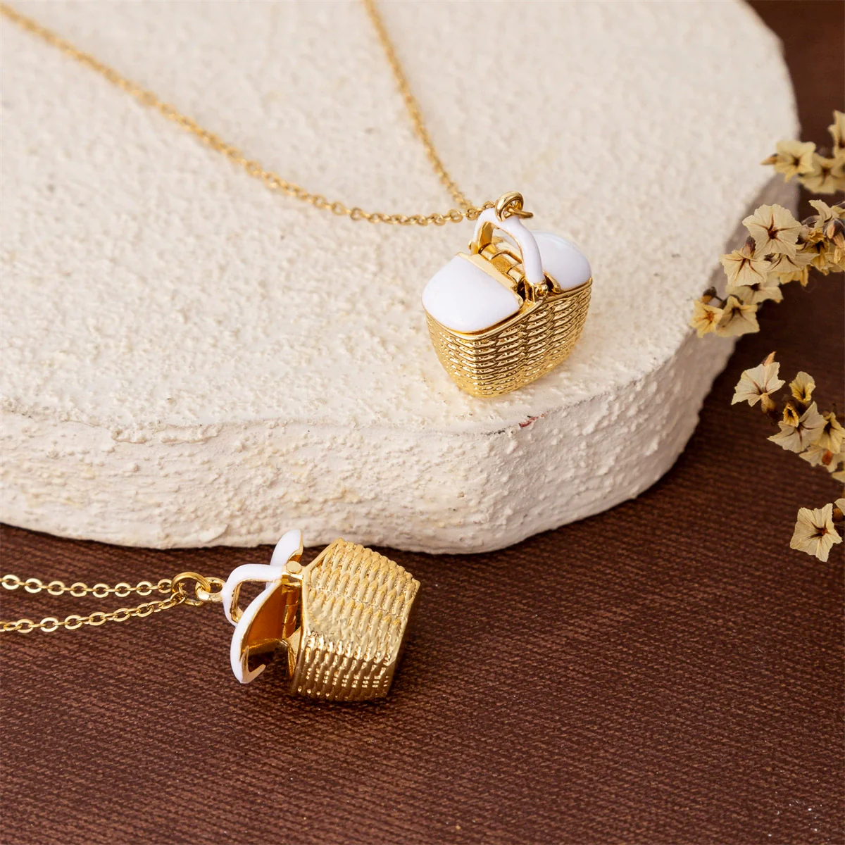 Wholesale Women's Cartoon Woven Geometric Copper Electroplated Fruit Basket Pendant Stainless Steel Necklace - Image 2