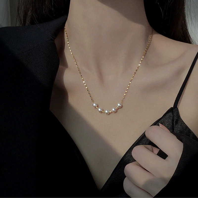 Wholesale Women's Casual Baroque Simple Geometric Pearl Titanium Steel Electroplated Necklace With Melon Seed Chain - Image 2