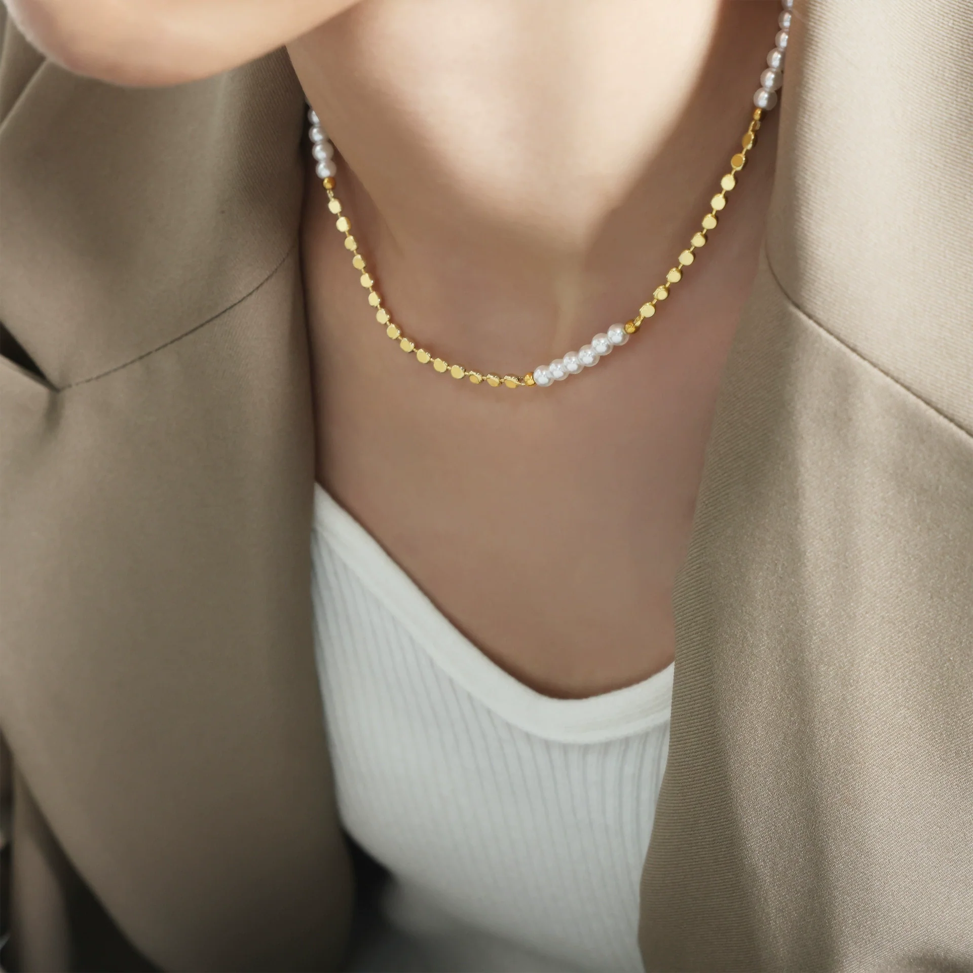 Wholesale Women's Casual Fashionable Nonfading Electroplated Brass And Freshwater Pearl Geometric Splicing Necklace Jewelry - Image 6