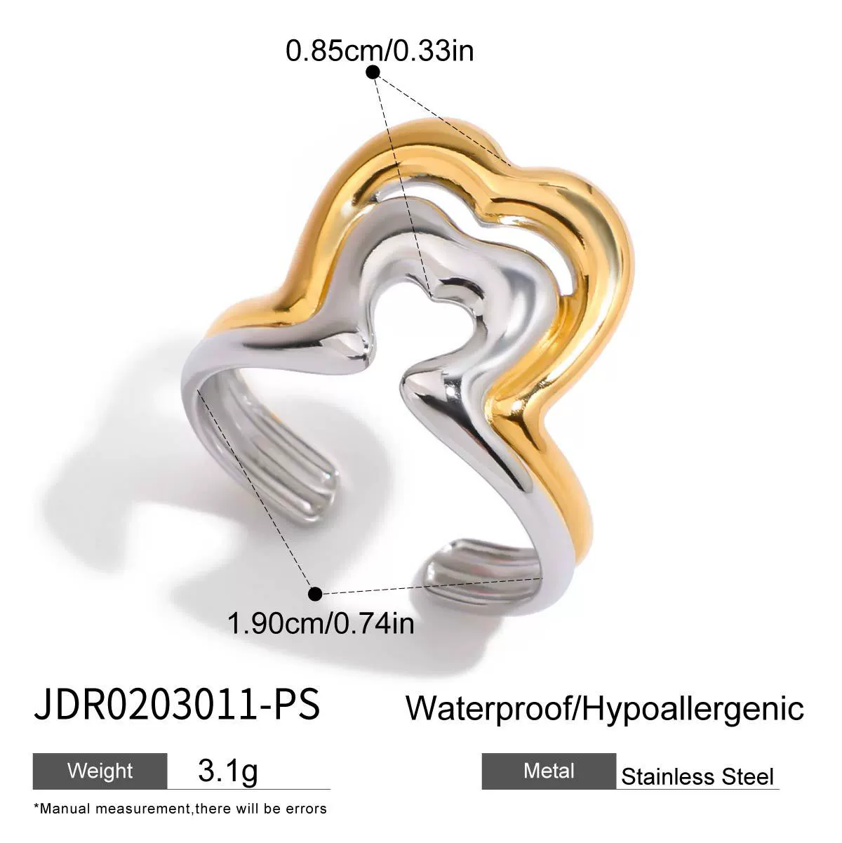 Wholesale Women's Casual Geometric Heart Shape Stainless Steel Polished Electroplated Open Ring Hand Jewelry - Image 10