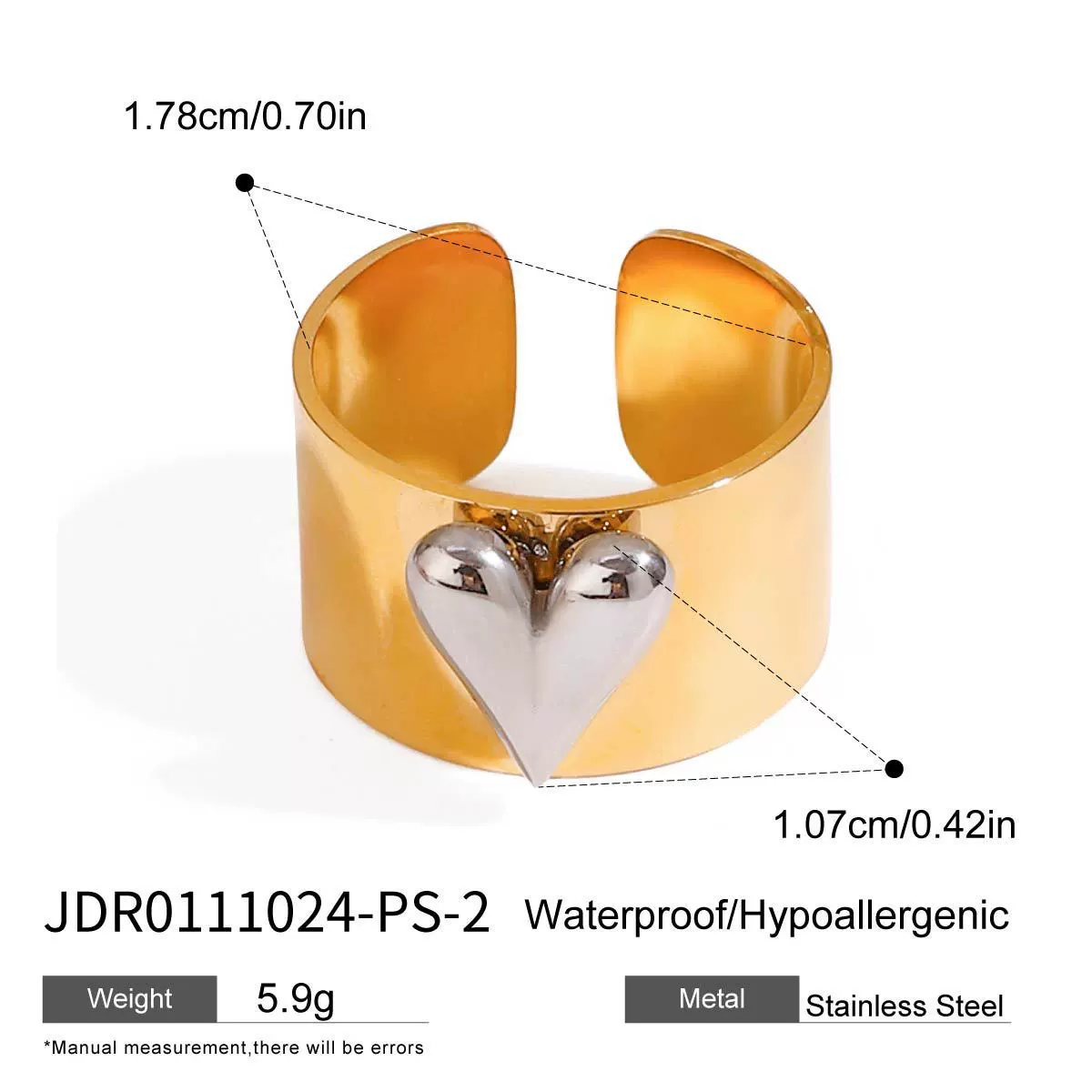 Wholesale Women's Casual Geometric Heart Shape Stainless Steel Polished Electroplated Open Ring Hand Jewelry - Image 9