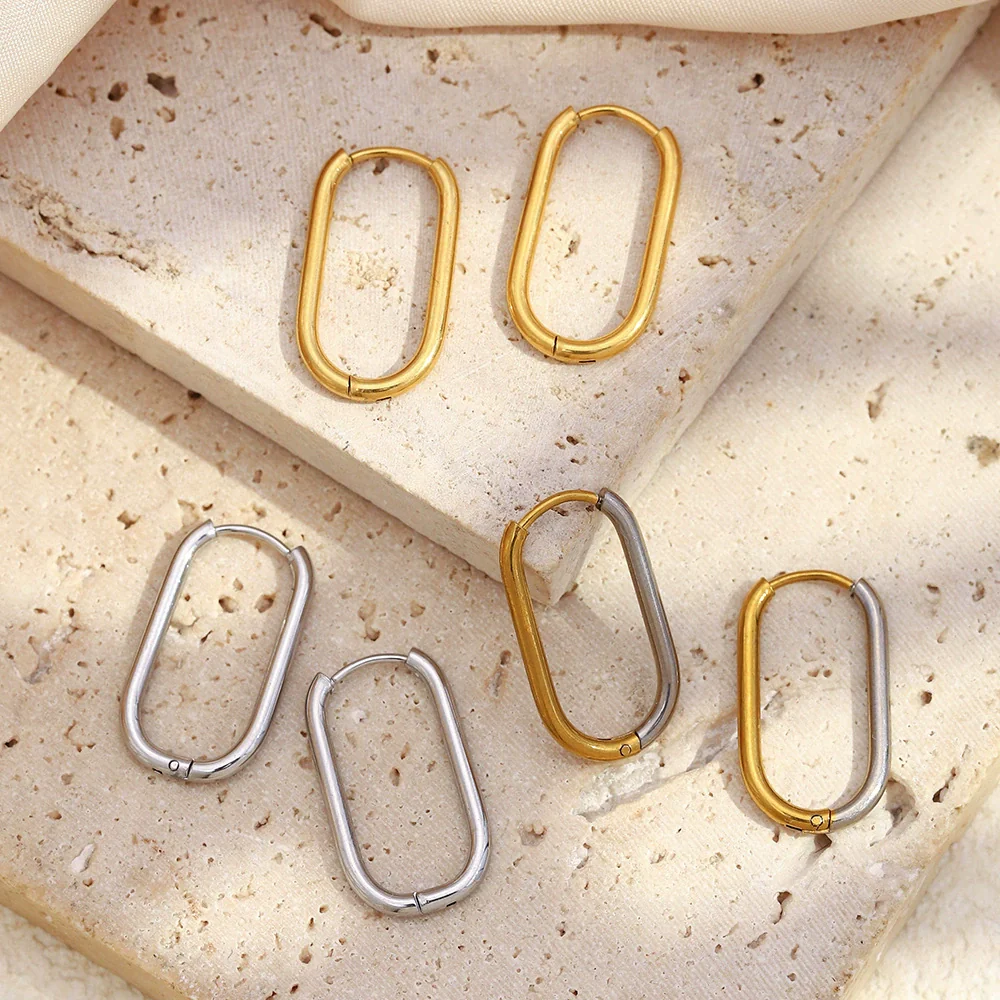 Wholesale Women's Casual Geometric Stainless Steel 18K Gold Plated Long Oshaped Earrings With Square Buckle - Image 3