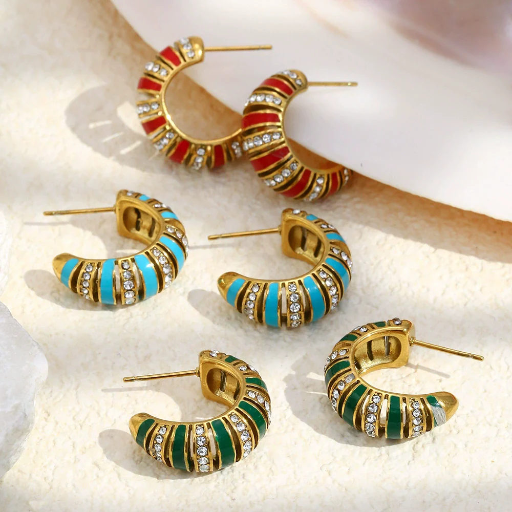 Wholesale Women's Casual Geometric Stainless Steel 18K Gold Vacuum Plated Cshaped Dot Diamond Oil Drop Earrings Jewelry - Image 2