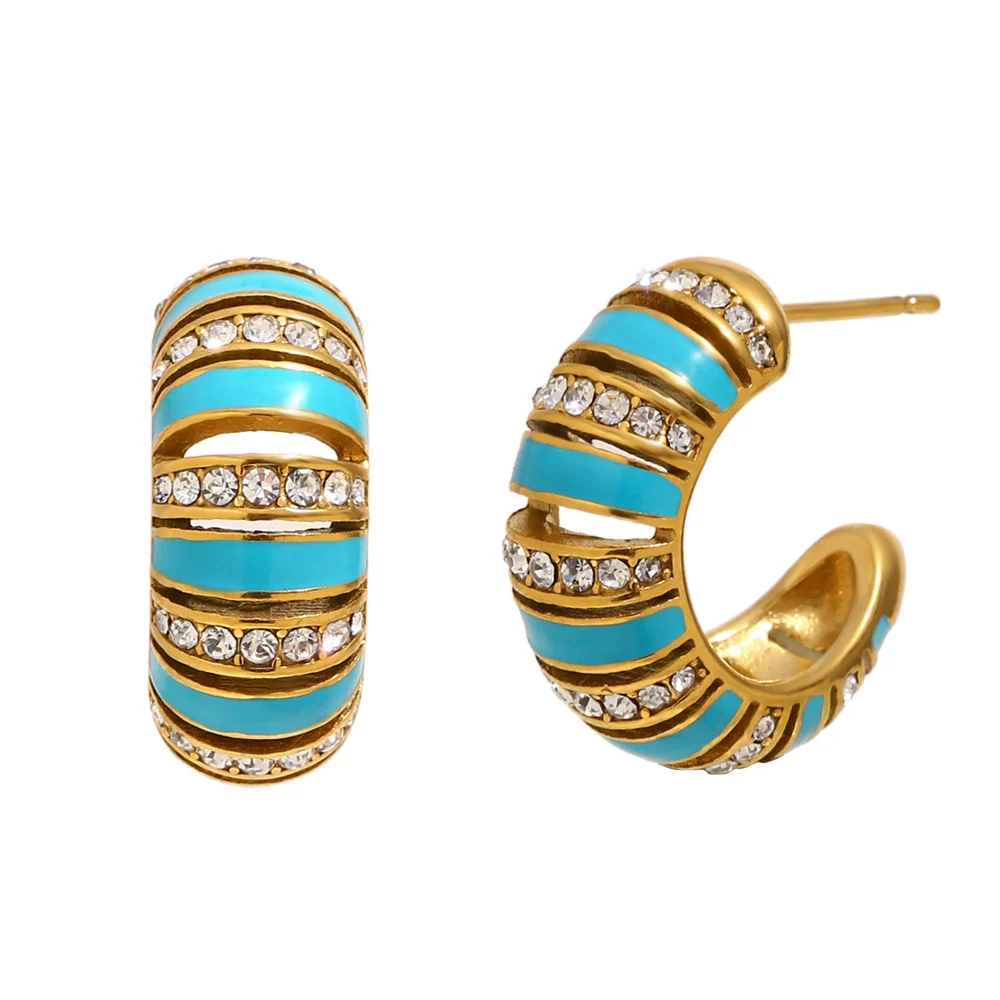 Wholesale Women's Casual Geometric Stainless Steel 18K Gold Vacuum Plated Cshaped Dot Diamond Oil Drop Earrings Jewelry - Image 5