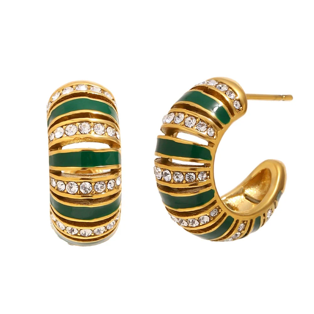 Wholesale Women's Casual Geometric Stainless Steel 18K Gold Vacuum Plated Cshaped Dot Diamond Oil Drop Earrings Jewelry - Image 6