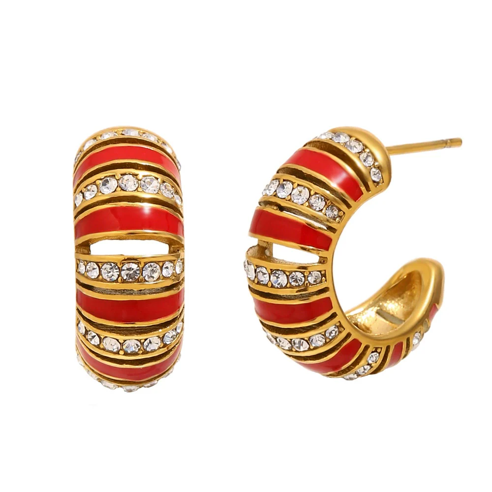 Wholesale Women's Casual Geometric Stainless Steel 18K Gold Vacuum Plated Cshaped Dot Diamond Oil Drop Earrings Jewelry - Image 7