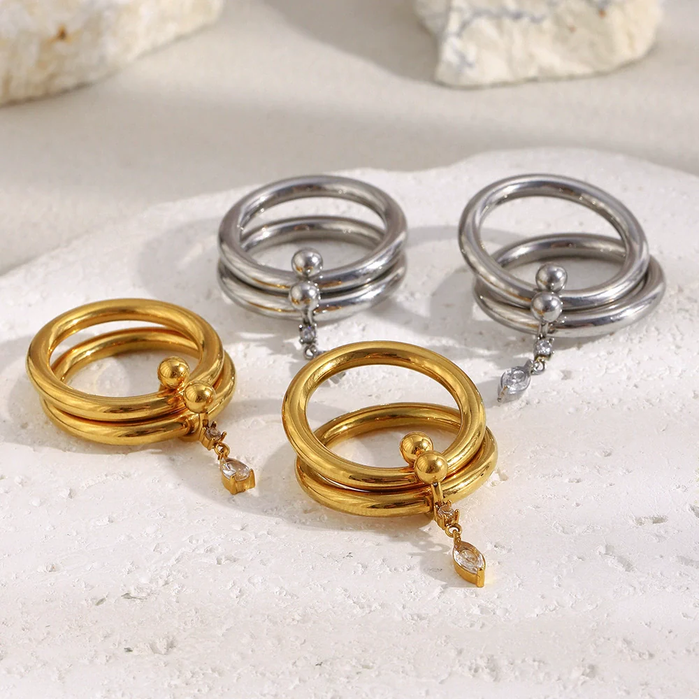 Wholesale Women's Casual Geometric Stainless Steel 18K Goldplated Handdecorated Doublelayer Ultrafine Marquise Water Drop Zirconium Ring - Image 2