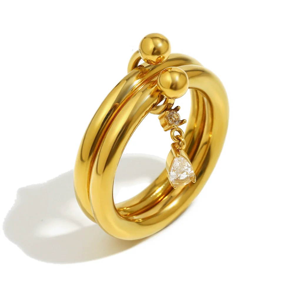 Wholesale Women's Casual Geometric Stainless Steel 18K Goldplated Handdecorated Doublelayer Ultrafine Marquise Water Drop Zirconium Ring - Image 5