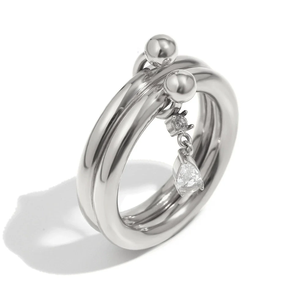 Wholesale Women's Casual Geometric Stainless Steel 18K Goldplated Handdecorated Doublelayer Ultrafine Marquise Water Drop Zirconium Ring - Image 7
