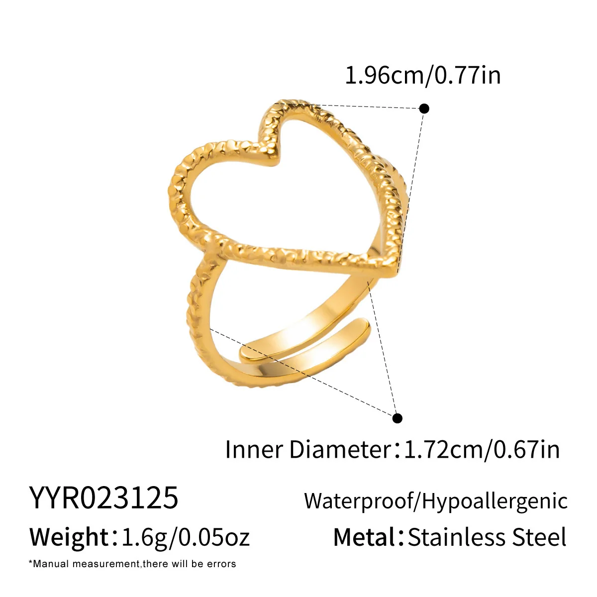 Wholesale Women's Casual Heart Shape Stainless Steel Diamondencrusted Open Ring With Pvd Furnace Vacuum Real Gold Plating - Image 10
