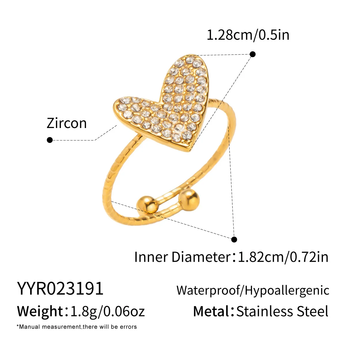 Wholesale Women's Casual Heart Shape Stainless Steel Diamondencrusted Open Ring With Pvd Furnace Vacuum Real Gold Plating - Image 12