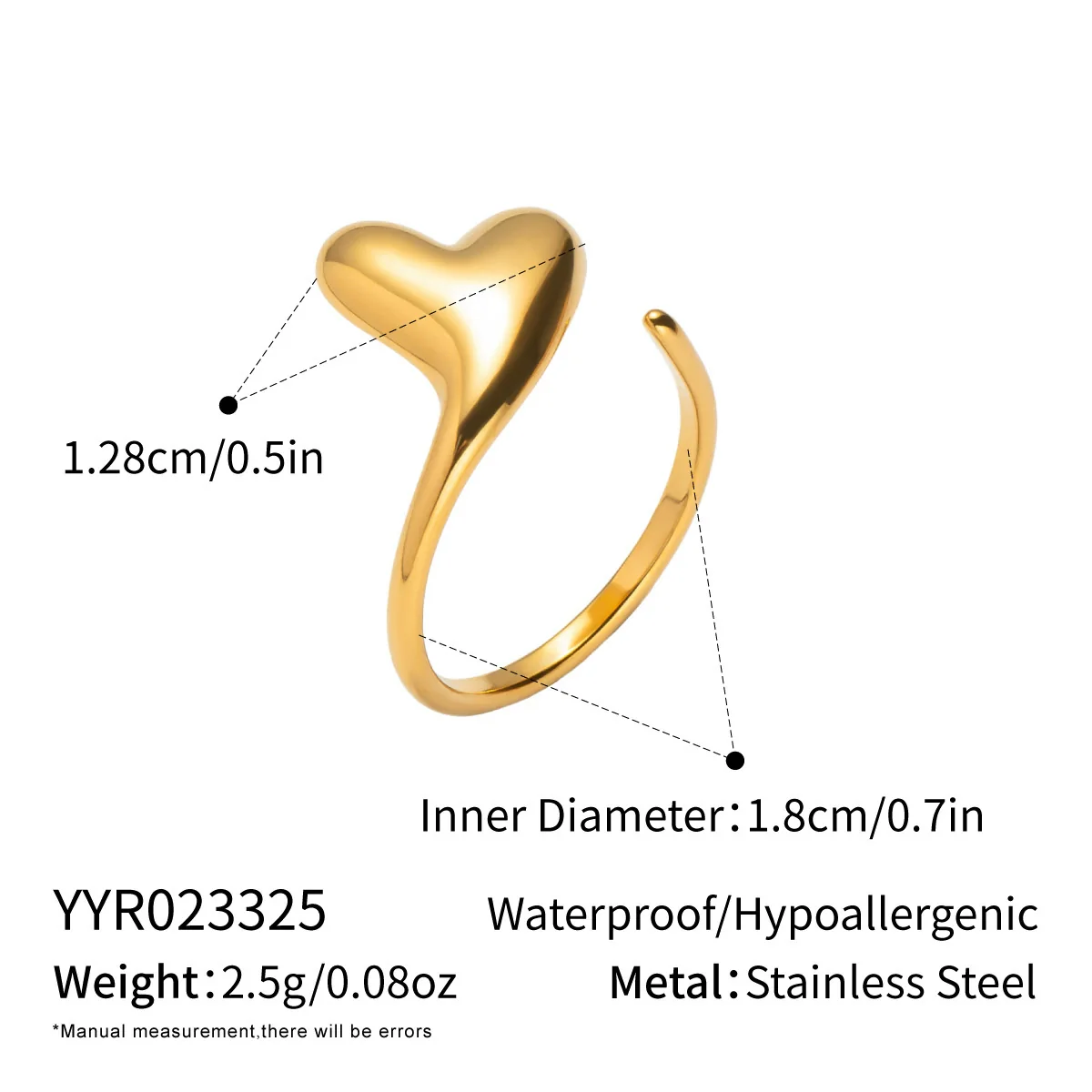 Wholesale Women's Casual Heart Shape Stainless Steel Diamondencrusted Open Ring With Pvd Furnace Vacuum Real Gold Plating - Image 13