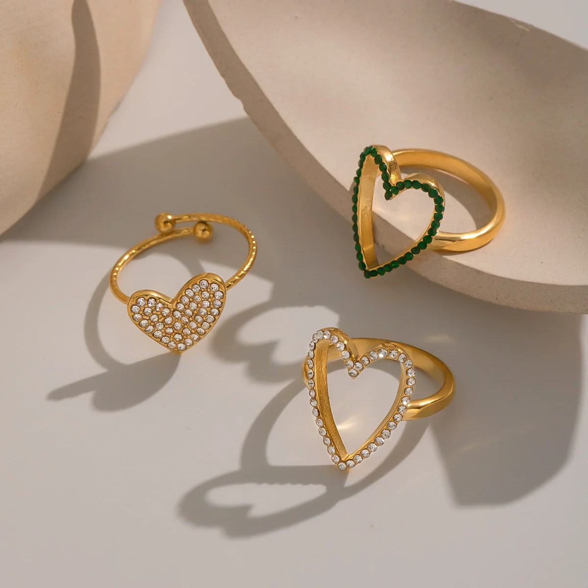 Wholesale Women's Casual Heart Shape Stainless Steel Diamondencrusted Open Ring With Pvd Furnace Vacuum Real Gold Plating - Image 4