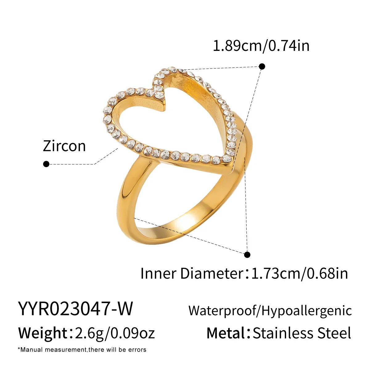Wholesale Women's Casual Heart Shape Stainless Steel Diamondencrusted Open Ring With Pvd Furnace Vacuum Real Gold Plating - Image 7