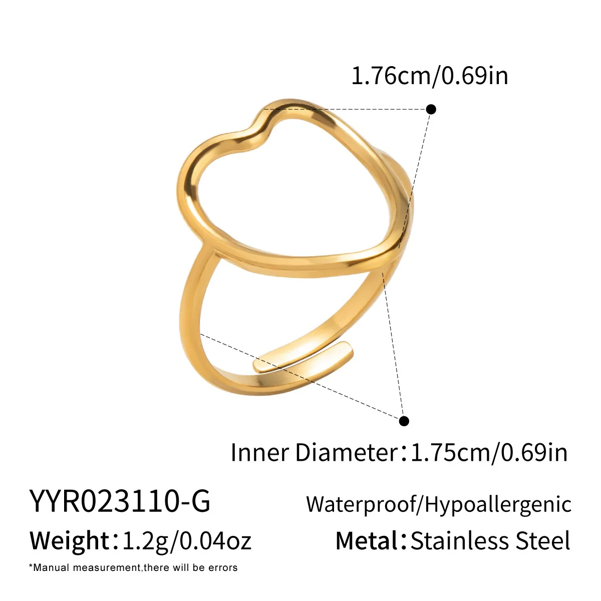 Wholesale Women's Casual Heart Shape Stainless Steel Diamondencrusted Open Ring With Pvd Furnace Vacuum Real Gold Plating - Image 9