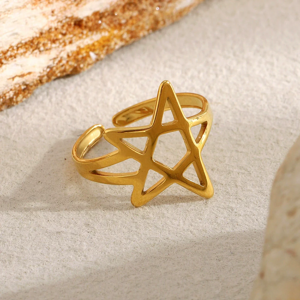Wholesale Women's Casual Stainless Steel Electroplated 18K Gold Fivepointed Star Open Ring Hand Jewelry - Image 3