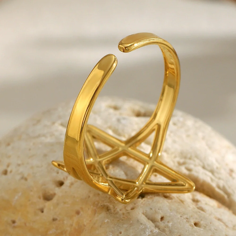 Wholesale Women's Casual Stainless Steel Electroplated 18K Gold Fivepointed Star Open Ring Hand Jewelry - Image 4