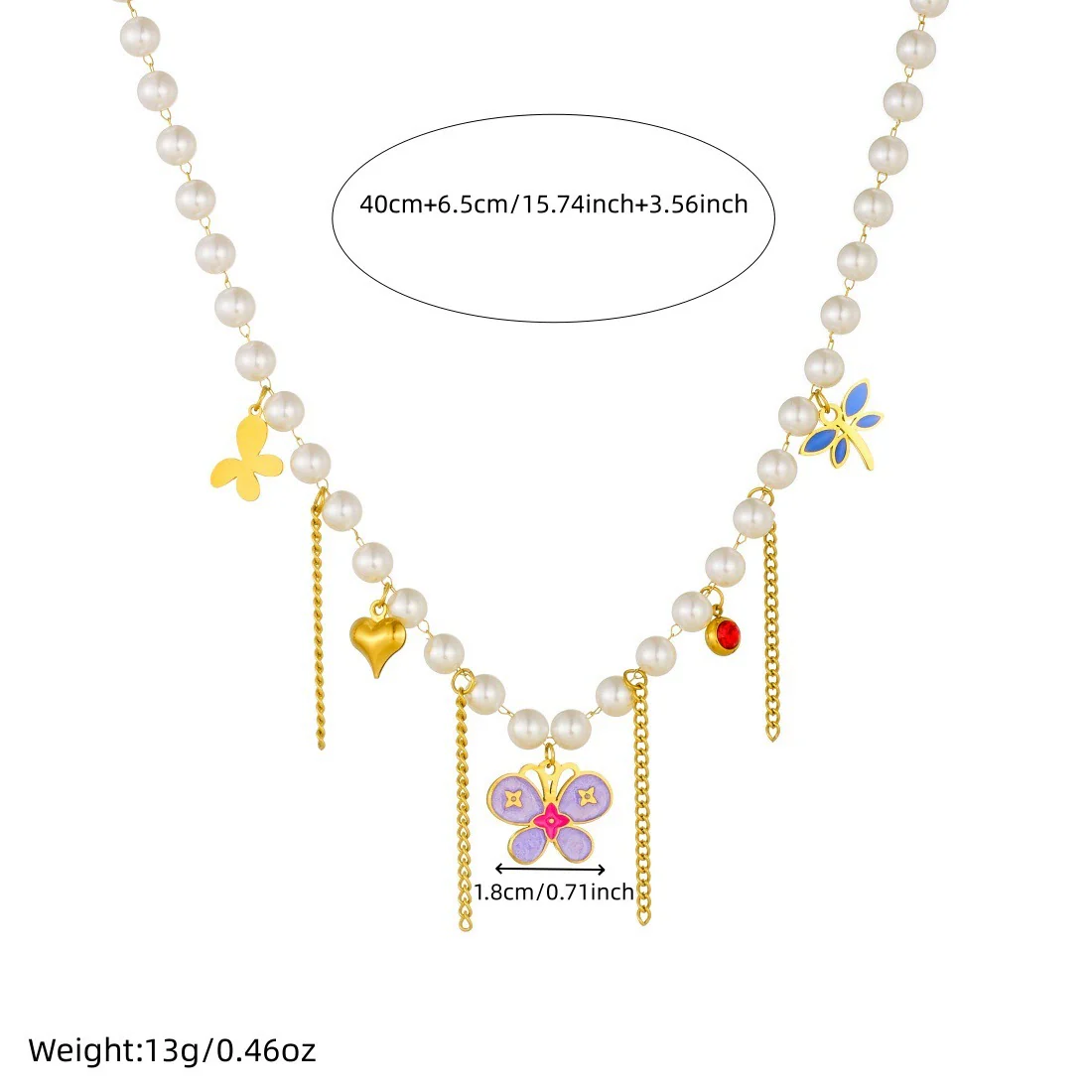 Wholesale Women's Casual Stainless Steel Electroplated Heart Shape Insect Pattern Pearl Strand Beaded Chain Necklace With Imitation Pearl Tassel Pendant - Image 4