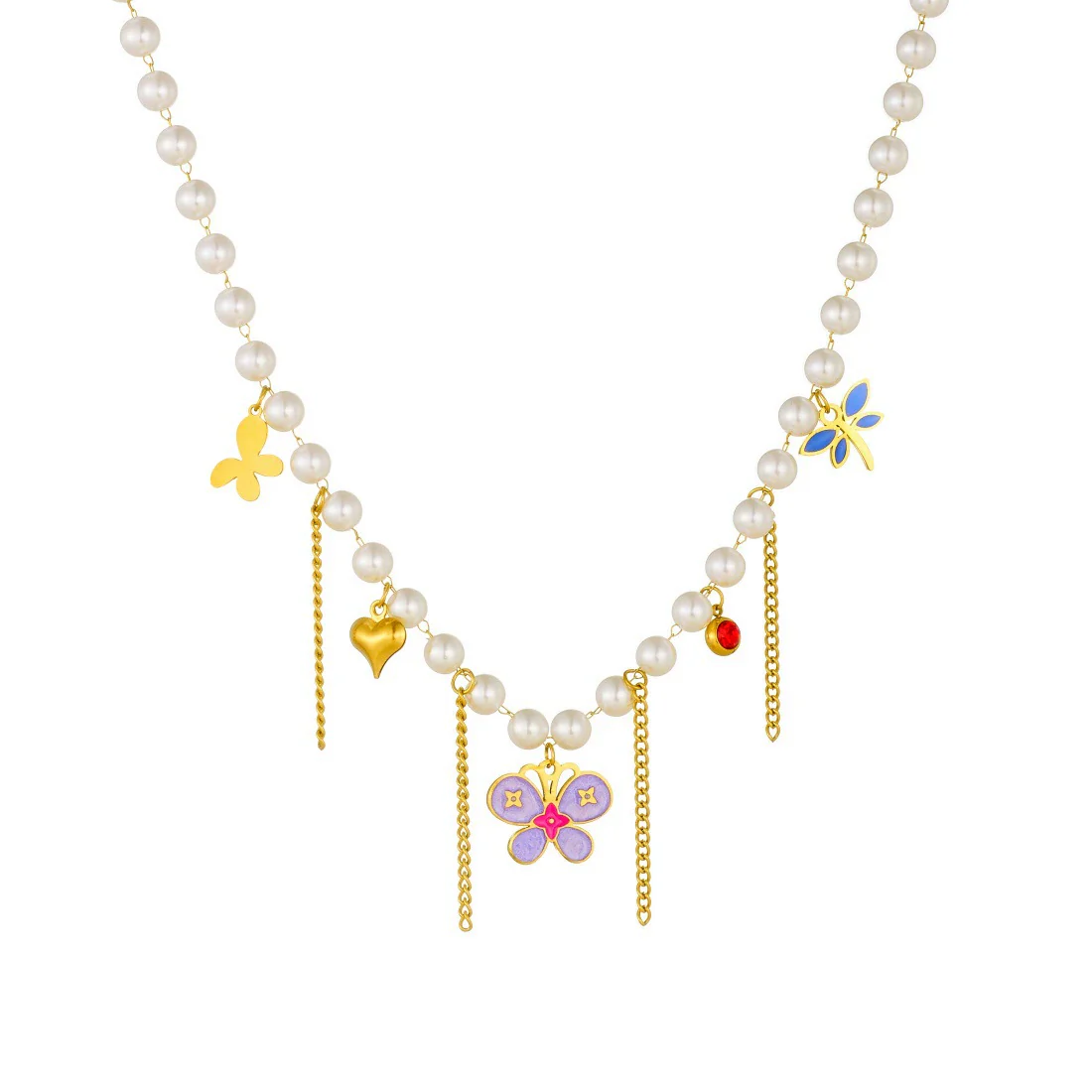 Wholesale Women's Casual Stainless Steel Electroplated Heart Shape Insect Pattern Pearl Strand Beaded Chain Necklace With Imitation Pearl Tassel Pendant - Image 5