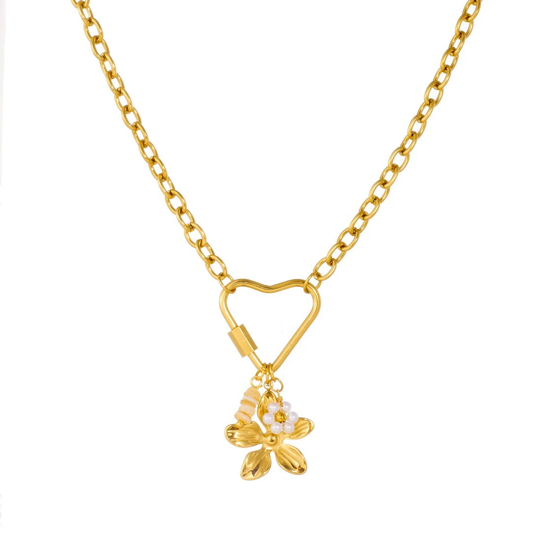 Wholesale Women's Casual Style Goldplated Stainless Steel Heartshaped Flower Pattern Pendant Necklace With Flat Cross Chain - Image 5