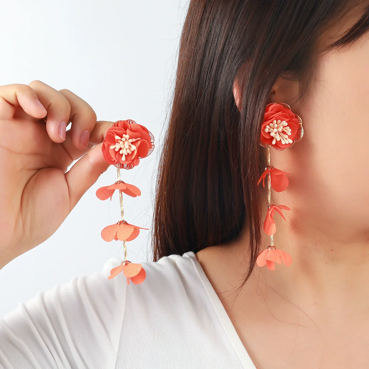 Wholesale Women's Casual Style Multilayer Chiffon Floral Earrings Zinc Alloy Hand Knitted Flower Shape - Image 3