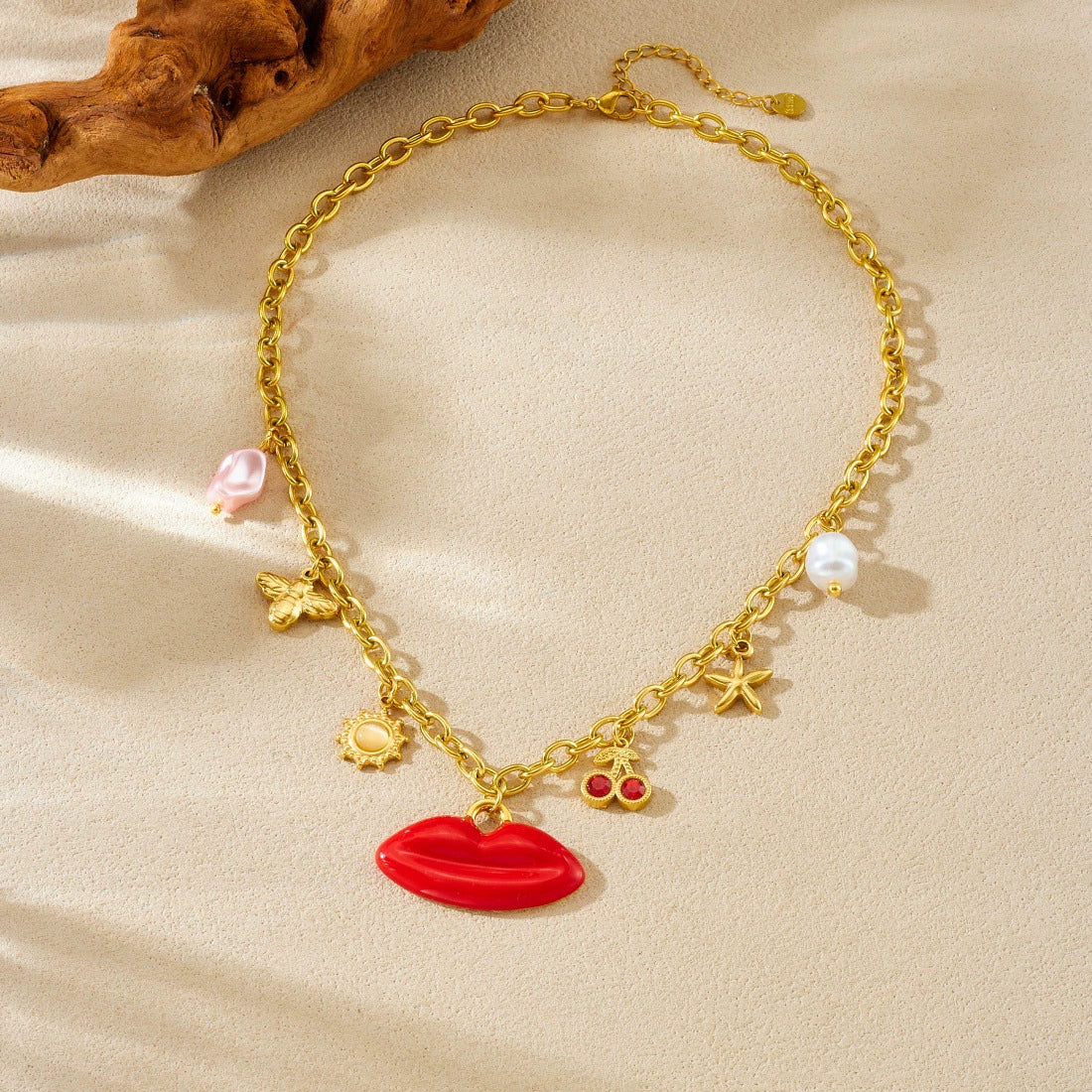 Wholesale Women's Chic Big Red Lip Cherry Star Bee Pendant Goldplated Stainless Steel Ochain Necklace - Image 3