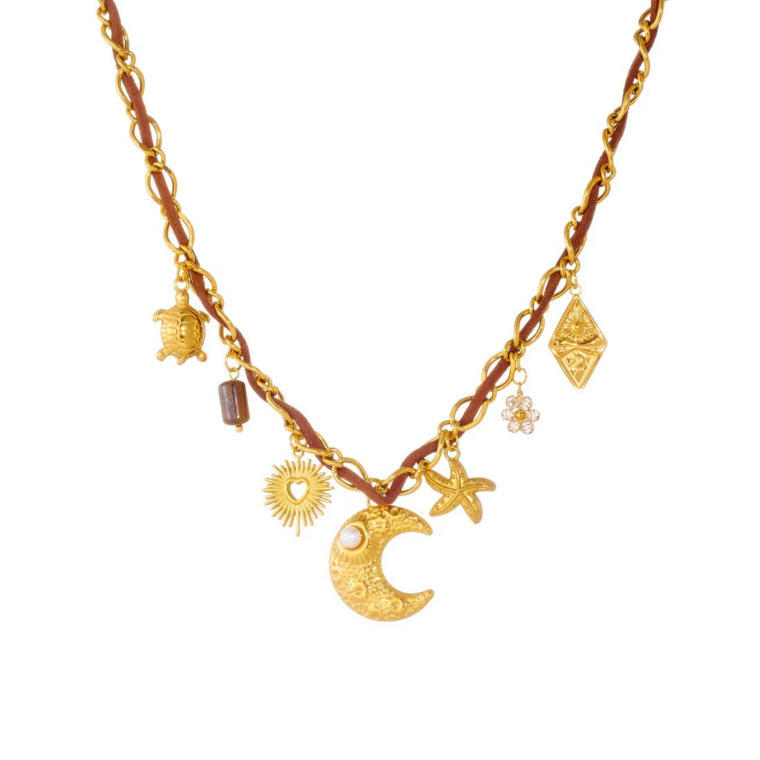 Wholesale Women's Chic Minimalist Retro Multielement Gold Electroplated Stainless Steel Flash O Chain Star Heart Square Relief Starfish Necklace - Image 5