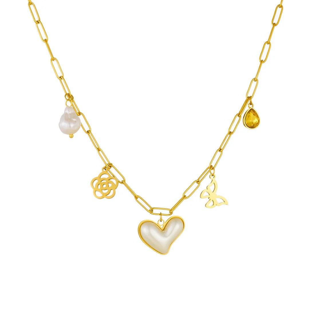 Wholesale Women's Chic Style Gold Electroplated Hollow Heart Shape Pearl Pendant Stainless Steel Necklace With Flat Cross Chain - Image 5