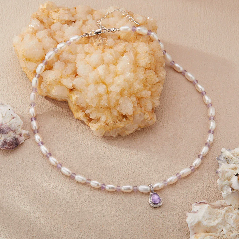 Wholesale Women's Clavicle Chain Jewelry Natural Amethyst Freshwater Pearl S925 Sterling Silver Geometric Style - Image 2