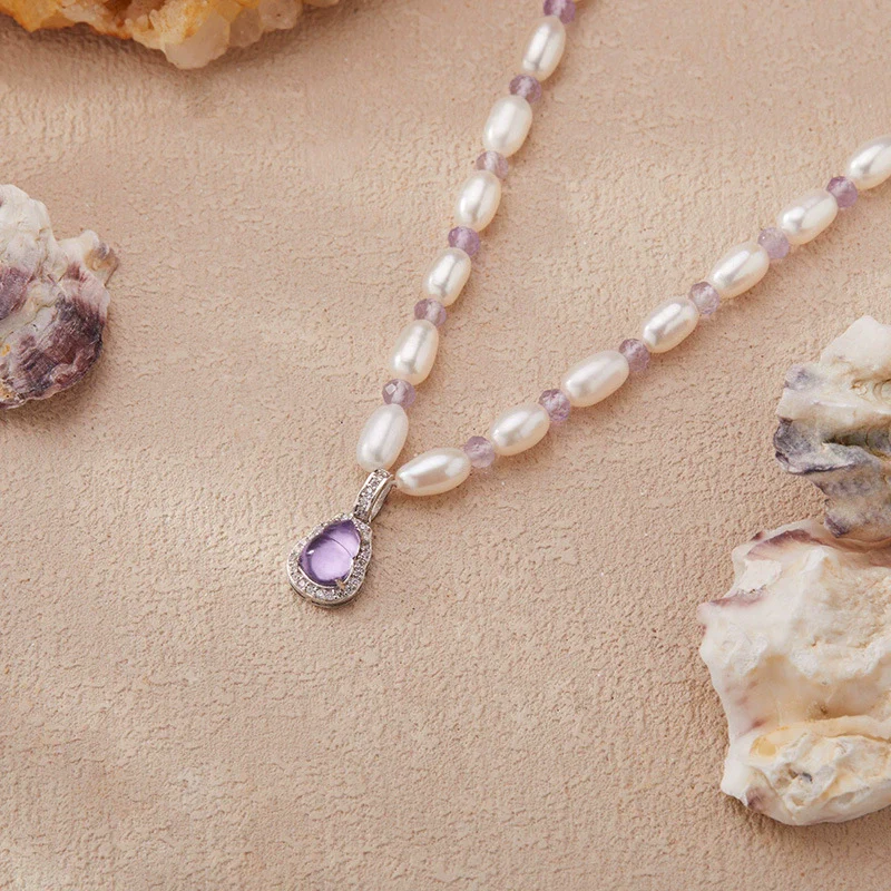 Wholesale Women's Clavicle Chain Jewelry Natural Amethyst Freshwater Pearl S925 Sterling Silver Geometric Style - Image 3