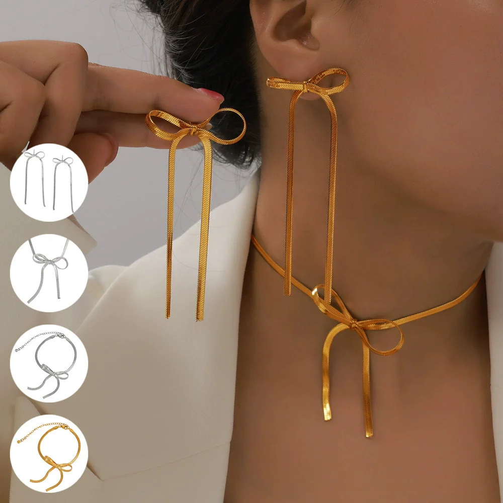Wholesale Women's Cold Style Jewelry Set With Butterfly Dragonfly Insect Patterns Bow Design Pendant And Clavicle Chain Made Of Titanium Steel Electroplated