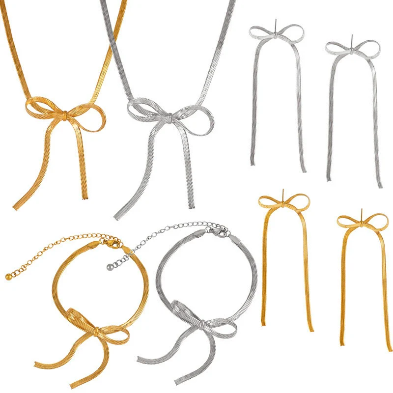 Wholesale Women's Cold Style Jewelry Set With Butterfly Dragonfly Insect Patterns Bow Design Pendant And Clavicle Chain Made Of Titanium Steel Electroplated - Image 5