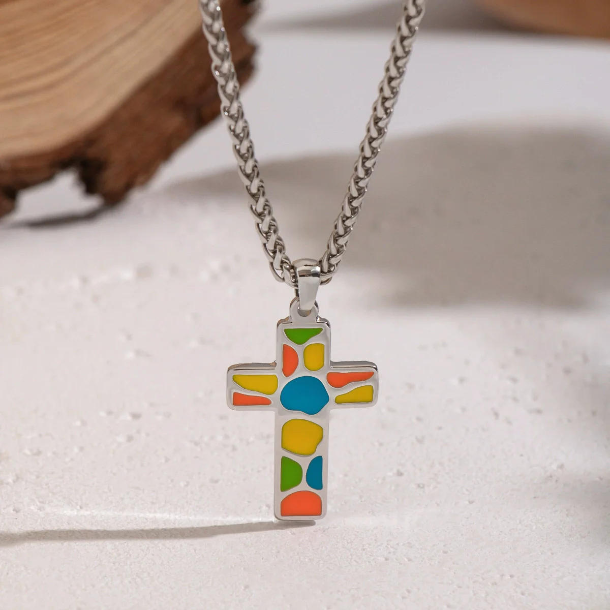 Wholesale Women's Colorful Enamel Geometric Cross Pendant Necklace With 18K Real Gold Plating Stainless Steel