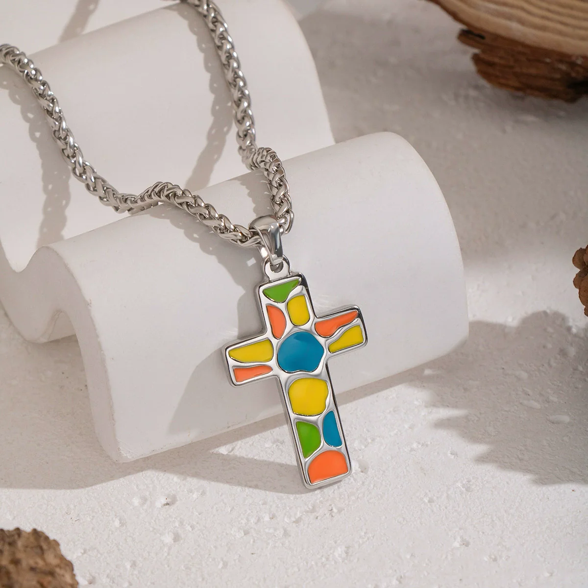 Wholesale Women's Colorful Enamel Geometric Cross Pendant Necklace With 18K Real Gold Plating Stainless Steel - Image 3