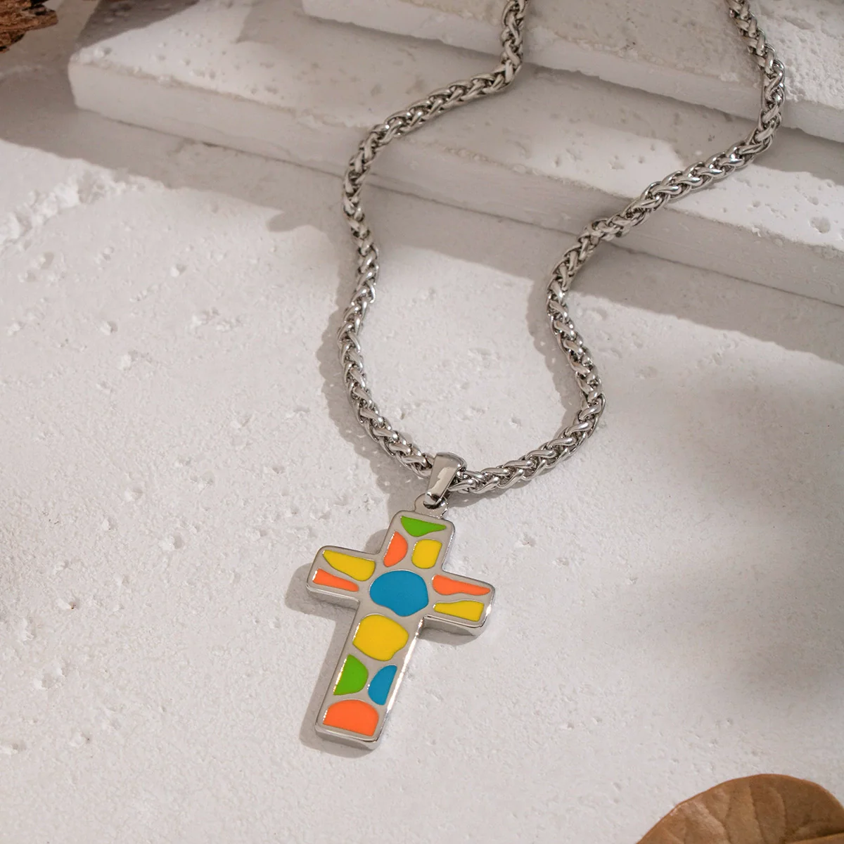 Wholesale Women's Colorful Enamel Geometric Cross Pendant Necklace With 18K Real Gold Plating Stainless Steel - Image 4