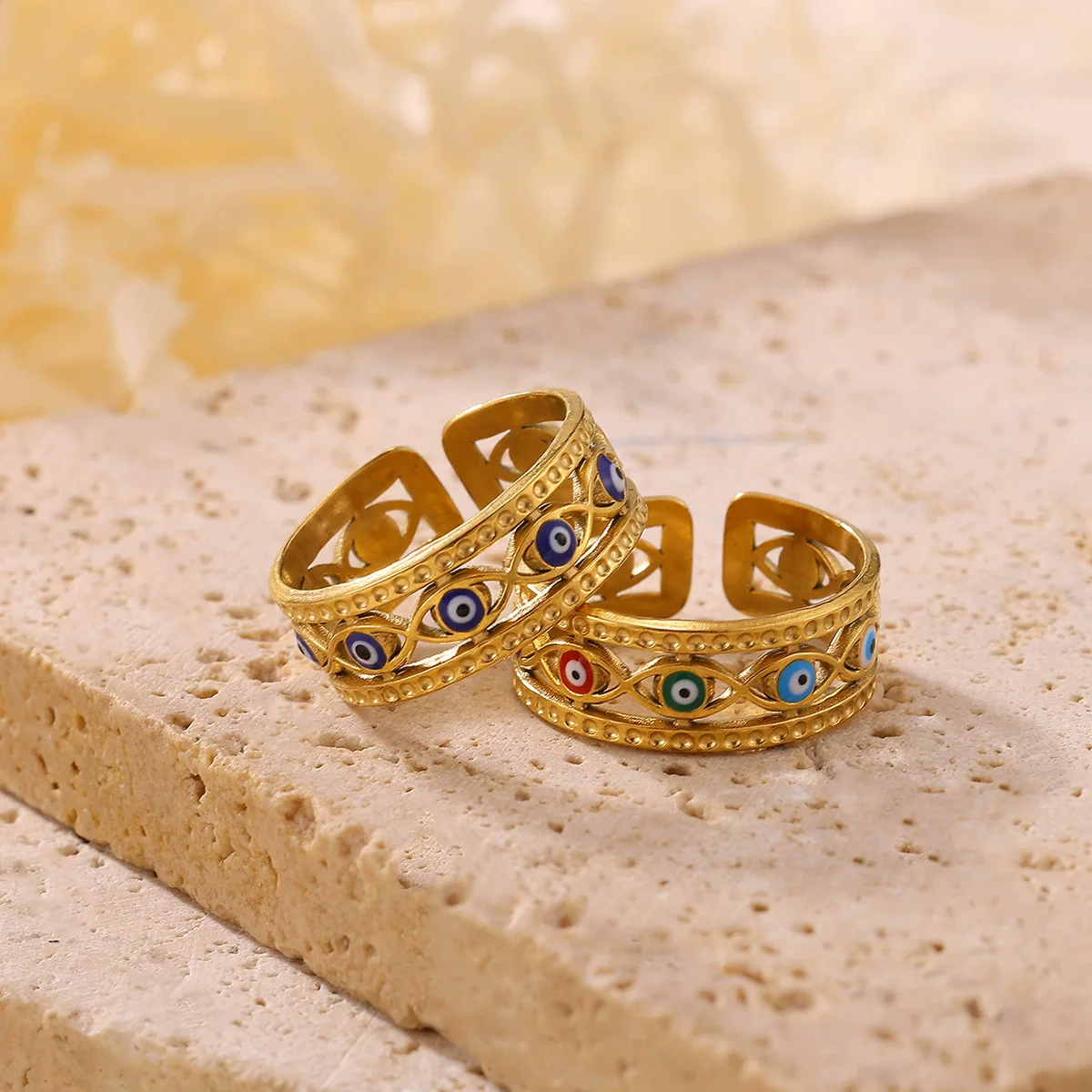 Wholesale Women's Colorful Oil Dripping Devil's Eye Heart Shape Stainless Steel 18K Gold Plated Inlaid With Gold Retro Open Ring