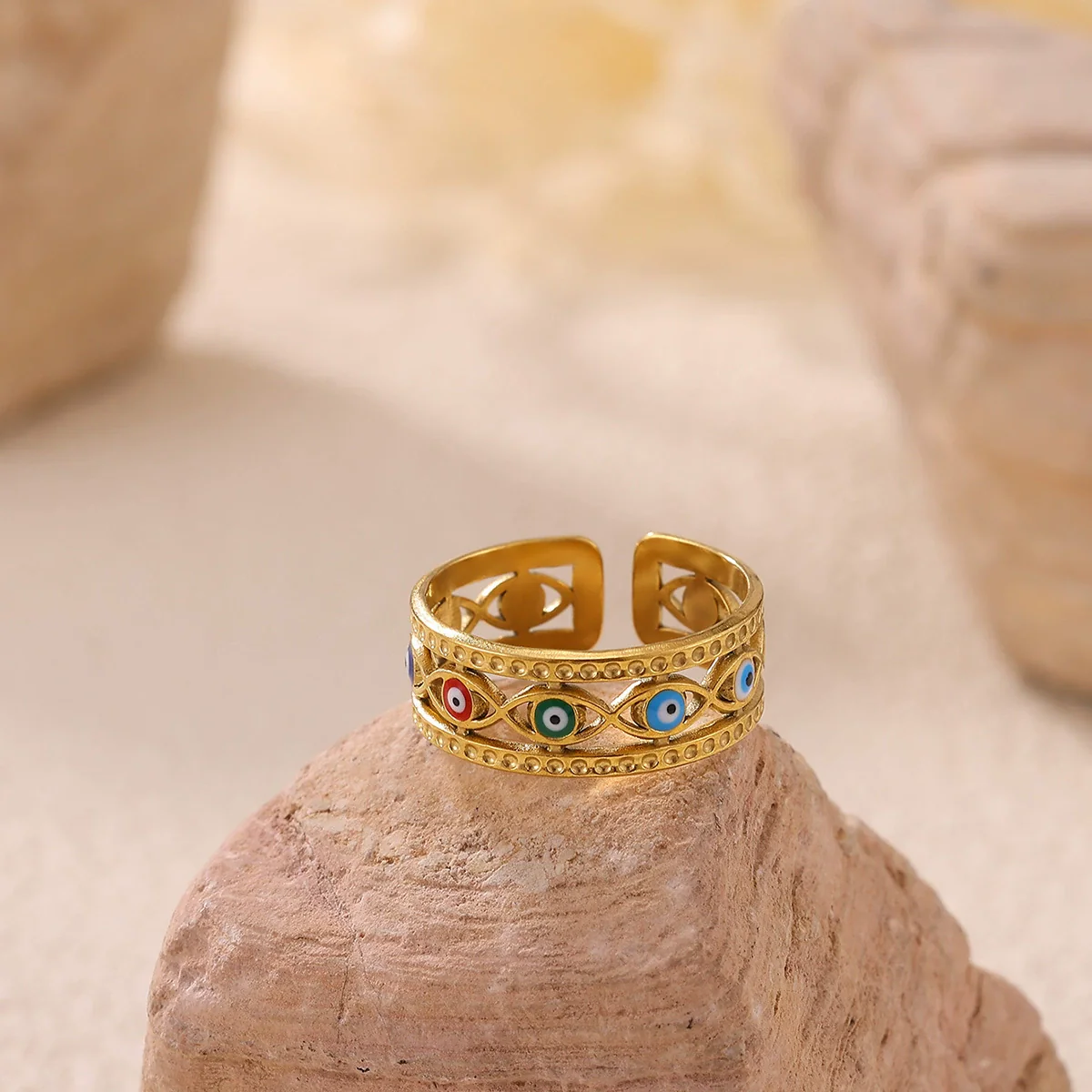 Wholesale Women's Colorful Oil Dripping Devil's Eye Heart Shape Stainless Steel 18K Gold Plated Inlaid With Gold Retro Open Ring - Image 3
