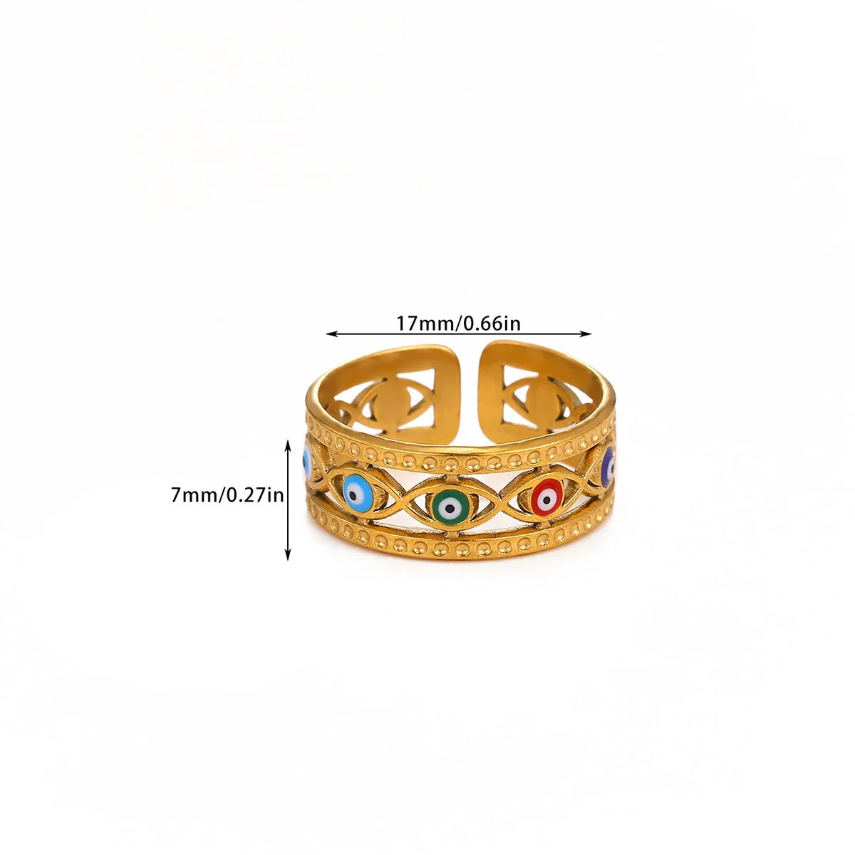 Wholesale Women's Colorful Oil Dripping Devil's Eye Heart Shape Stainless Steel 18K Gold Plated Inlaid With Gold Retro Open Ring - Image 4