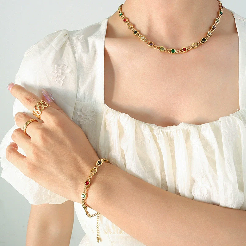 Wholesale Women's Colorful Zircon Stitching Copper Chain Necklace And Bracelet Set With Fish Eye Design Electroplated