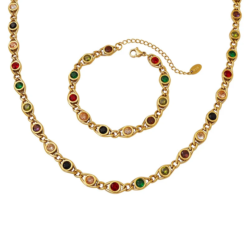 Wholesale Women's Colorful Zircon Stitching Copper Chain Necklace And Bracelet Set With Fish Eye Design Electroplated - Image 4