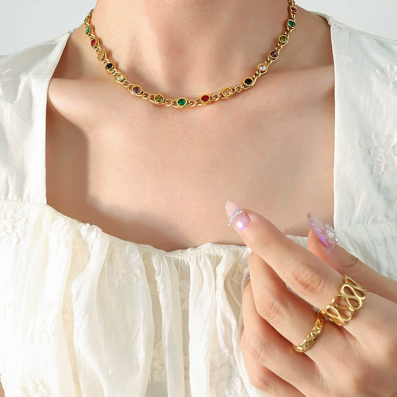 Wholesale Women's Colorful Zircon Stitching Copper Chain Necklace And Bracelet Set With Fish Eye Design Electroplated - Image 6