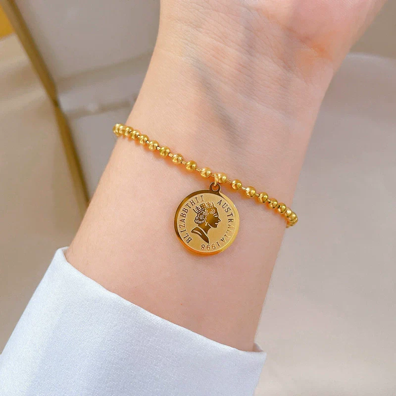 Wholesale Women's Constellation Gold Inlaid Titanium Steel Round Bead Chain Bracelet