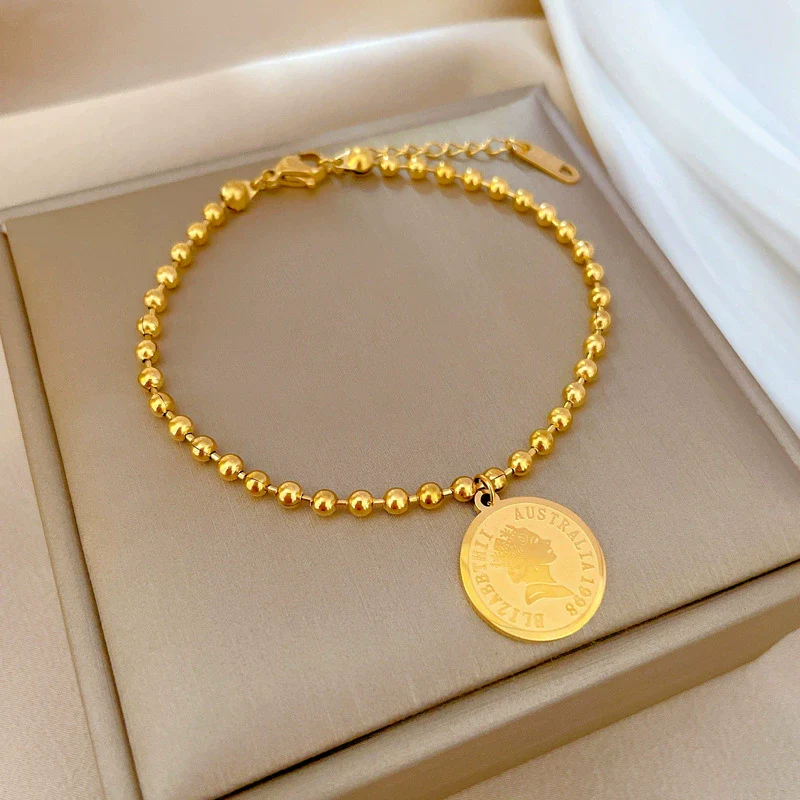 Wholesale Women's Constellation Gold Inlaid Titanium Steel Round Bead Chain Bracelet - Image 6